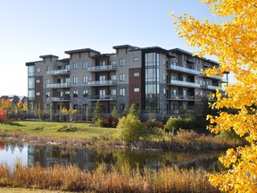 Allure by Carrington Communities — a boutique-style, 47-unit development located in the Uplands of Mactaggart neighbourhood in southwest Edmonton —
 features oversized patios with glass-panel railings that overlook a horseshoe-shaped pond.