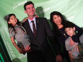 Mayor Don Iveson and his wife Sarah Chan celebrate his re-election in Edmonton Alta, on Monday, October 16, 2017.