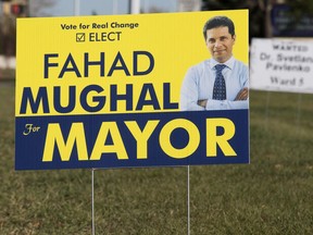 Fahad Mughal election sign. Mughal ranked as the top mayoral challenger when Twitter officials counted mentions since Oct. 1.