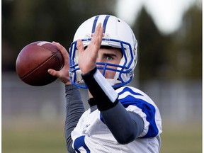 Harry Ainlay High School football team rookie quarterback Eli Hetlinger in Edmonton on Thursday, Oct. 12, 2017.