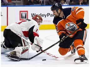 The Edmonton Oilers Zack Kassian (44) is stopped by the Ottawa Senators' goalie Mike Condon (1) during first period NHL action at Rogers Place on Saturday, Oct. 14, 2017. The Senators did receive a penalty on the play.