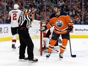 The Edmonton Oilers Zack Kassian (44) argues a penalty call during first period NHL action against the Ottawa Senators at Rogers Place on Saturday, Oct. 14, 2017.