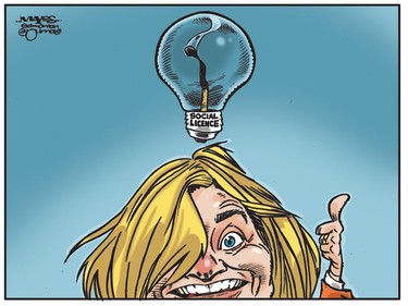 Rachel Notley's 'Social Licence' isn't such a bright idea. (Cartoon by Malcolm Mayes