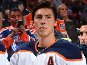 Edmonton Oilers centre Ryan Nugent-Hopkins before NHL pre-season action against the visiting Calgary Flames on Sept. 18, 2017, at Rogers Place.