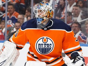 Goalie Cam Talbot of the Edmonton Oilers skates against the Calgary Flames at Rogers Place on October 4, 2017 in Edmonton.