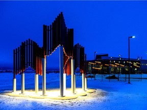 Edmonton designer Wei Yew's  5 1/2-metre tall maple leaf sculpture outside the new $250 million Canadian High Arctic Research Station in Cambridge Bay, Nunavut. Yew believes it is the largest and most northerly sculpture in the world.