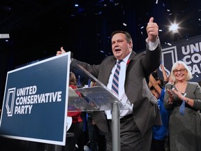 Jason Kenney celebrates after being elected leader of the United Conservative Party in Calgary.