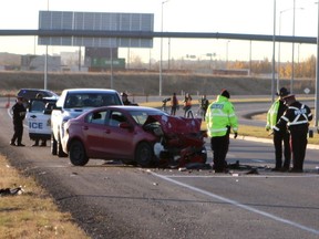 Police investigate a fatal collision at 184 Street and Anthony Henday Drive on Monday, Oct. 23, 2017.