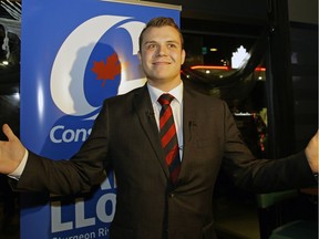 Dane Lloyd, the federal Conservative candidate in the Sturgeon River-Parkland byelection, celebrates in Stony Plain on Monday, Oct. 23, 2017. He replaces  Rona Ambrose.