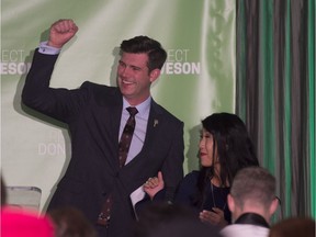 Edmonton Mayor elect Don Iveson speaks to his supporters at the Matrix Hotel after winning the Mayors chair for a second term  on October 16, 2017. By his side was his partner Sarah Chan. Photo by Shaughn Butts / Postmedia
Shaughn Butts, Postmedia