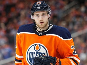 Leon Draisaitl of the Edmonton Oilers during a break in play against the Winnipeg Jets at Rogers Place on October 9, 2017, in Edmonton.