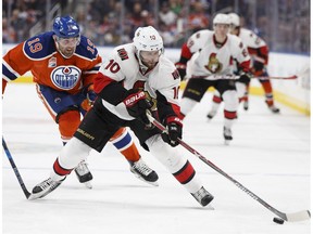 Edmonton's Patrick Maroon (19) chases Ottawa's Tom Pyatt (10) during the second period of a NHL game between the Edmonton Oilers and the Ottawa Senators at Rogers Place in Edmonton, Alberta on Sunday, October 30, 2016.