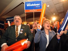 March 3, 2008: Supporters of Progressive Conservative leader Ed Stelmach cheer his speech at the Executive Royal Inn the night of the Alberta election Monday, March 3.