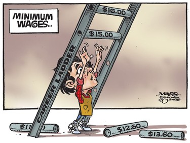 Higher minimum wages eliminate rungs on the career ladder. (Cartoon by Malcolm Mayes)