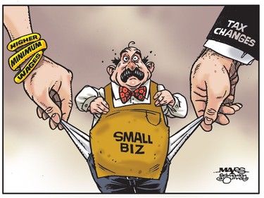 Oct. 4: Higher Minimum Wages and Federal Tax Changes pick the pocket of Small Business. (Cartoon by Malcolm Mayes)