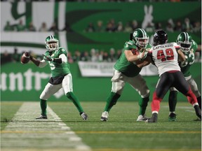 Saskatchewan Roughriders quarterback Kevin Glenn prepares to release a pass Friday against the visiting Ottawa Redblacks.