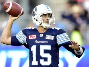 Toronto Argonauts quarterback Ricky Ray (15) looks for the pass during second half CFL football action against the Saskatchewan Roughriders, in Toronto on Saturday, October 7, 2017.