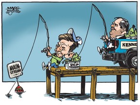 United Conservative Party leadership candidates Brian Jean and Jason Kenney fish for UCP members in the leadership contest in this Malcolm Mayes editorial cartoon.