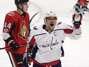 Washington Capitals forward Alex Ovechkin celebrates a goal against the Ottawa Senators on Oct. 5.