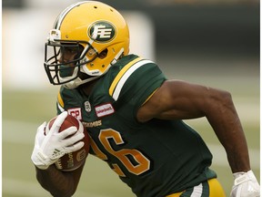 Edmonton's Chris Edwards (26) runs the ball during a CFL game between the Edmonton Eskimos and the BC Lions at Commonwealth Stadium in Edmonton on Friday, July 28, 2017.