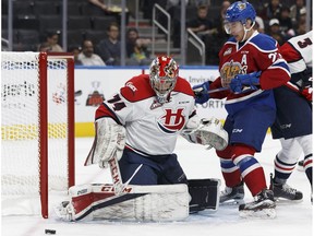 Lethbridge's goaltender Stuart Skinner makes a save during a game between the Edmonton Oil Kings and the Lethbridge Hurricanes at Rogers Place in Edmonton, Alberta on Friday, September 29, 2017.