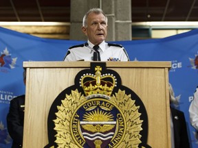Edmonton Police Chief Rod Knecht speaks about the ongoing investigation into multiple acts of terrorism underway after a man attacked a police officer and four bystanders in Edmonton, Alberta on Sunday, October 1, 2017.