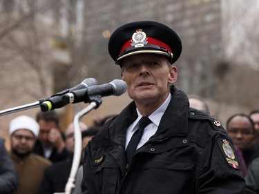 Edmonton Police Service Insp. Trent Forsberg speaks during the Stand Together Against Violence in Solidarity with EPS vigil organized by Alberta Muslim Public Affairs Council at Churchill Square in Edmonton, Alberta after a police officer and four bystanders were injured in a terrorist attack on Sunday, October 1, 2017.