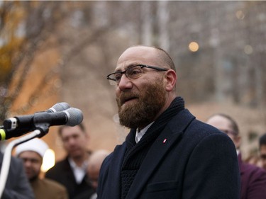 Aumer Assaf speaks during the Stand Together Against Violence in Solidarity with EPS vigil organized by Alberta Muslim Public Affairs Council at Churchill Square in Edmonton, Alberta after a police officer and four bystanders were injured in a terrorist attack on Sunday, October 1, 2017.