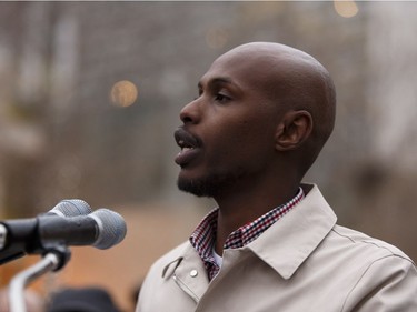 Ahmed Knowmadic Ali speaks during the Stand Together Against Violence in Solidarity with EPS vigil organized by Alberta Muslim Public Affairs Council at Churchill Square in Edmonton, Alberta after a police officer and four bystanders were injured in a terrorist attack on Sunday, October 1, 2017.