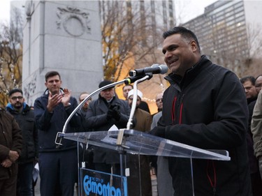 Faisal Khan Suri, AMPAC President, speaks during the Stand Together Against Violence in Solidarity with EPS vigil organized by Alberta Muslim Public Affairs Council at Churchill Square in Edmonton, Alberta after a police officer and four bystanders were injured in a terrorist attack on Sunday, October 1, 2017.