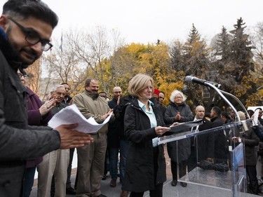 Premier Rachel Notley speaks at the Stand Together Against Violence in Solidarity with EPS vigil organized by Alberta Muslim Public Affairs Council at Churchill Square in Edmonton, Alberta after a police officer and four bystanders were injured in a terrorist attack on Sunday, October 1, 2017.