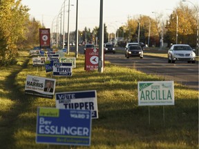 Election signs are seen on Castledowns Road south of 145 Avenue in Edmonton, Alberta on Thursday, Oct. 5, 2017.