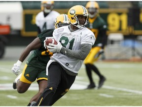 Edmonton's D'haquille Williams (81) makes a catch during an Edmonton Eskimos practice at Commonwealth Stadium in Edmonton, Alberta on Friday, October 6, 2017.