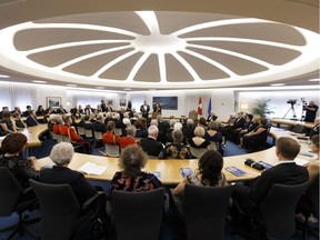 Lt.-Gov. Lois Mitchell speaks during the investiture ceremony for the Alberta Order of Excellence at Government House in Edmonton on Thursday, Oct. 19, 2017.