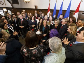 Premier Rachel Notley addresses her caucus at the Alberta legislature on the first day of the fall sitting in Edmonton on Monday, Oct. 30, 2017.