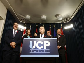 Jason Kenney unveils the new United Conservative Party caucus at the Alberta legislature on Monday, Oct. 30, 2017.