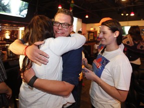 Jon Dziadyk gets a hug after finding out he won in Ward 3.