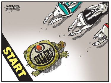 Edmonton Oilers get off to slow start in NHL race. (Cartoon by Malcolm Mayes)