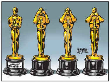 Hollywood sees, hears and speaks no evil about sexual harasser Harvey Weinstein. (Cartoon by Malcolm Mayes)