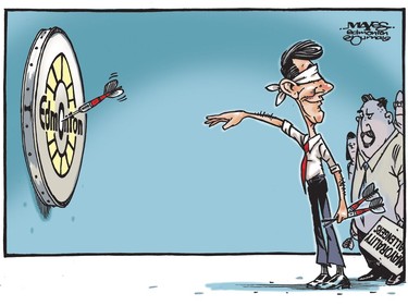 Don Iveson hits bull's-eye with Edmonton, besting all challengers. (Cartoon by Malcolm Mayes)