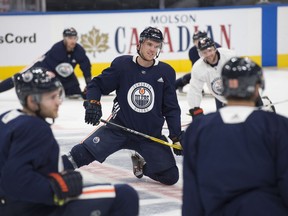 Connor McDavid leads the stretch after scoring a hat-trick in the home opener against Calgary. The Edmonton Oilers practiced on home ice at Rogers Place on October 5, 2017, ahead of their next regular season game in Vancouver on Saturday, Oct. 7, 2017.