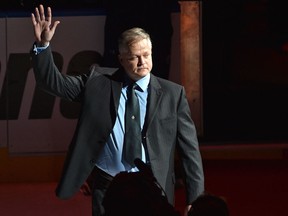 EPS Const. Mike Chernyk, who was hit by a car and stabbed last Saturday night while on duty, walks out on the red carpet at the Edmonton Oilers vs. Calgary Flames season opener during NHL action at Rogers Place in Edmonton on Oct. 4, 2017.