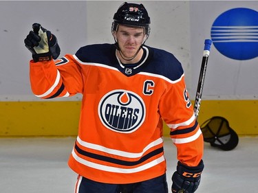 Edmonton Oilers star Connor McDavid celebrates his third goal against the Calgary Flames during the season opener of NHL action on. Oct. 4, 2017, at Rogers Place in Edmonton.