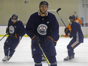 Edmonton Oilers captain Connor McDavid skates during team practice on Oct. 11, 2017, in Edmonton.