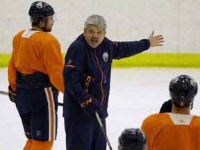 Edmonton Oilers head coach Todd McLellan at team practice in Edmonton on Oct. 11, 2017.