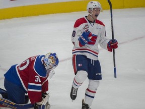 Boston Bilous of the Edmonton Oil Kings, reacts to the goal byEthan  McIndoe of the Spokane Chiefs at Rogers Place in Edmonton on October 22, 2017.