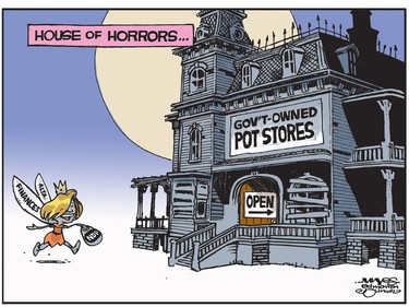 Alberta Gov't-Owned pot stores are a financial house of horrors. (Cartoon by Malcolm Mayes)
