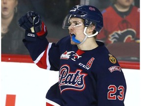 Pats Sam Steel celebrates his third goal of the night during WHL action between the Regina Pats and the Calgary Hitmen in Calgary, Alta at the Scotiabank Saddledome on Tuesday March 28, 2017. Steel scored a goal and had an assists in a 3-2 overtime win against the Edmonton Oil Kings.