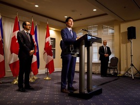 Prime Minister Justin Trudeau speaks during a media availability at the Fairmont Hotel Macdonald in Edmonton, Alta., on Saturday, Oct. 21, 2017.