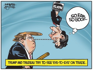 Donald Trump and Justin Trudeau try to see 'ey-to-eye' on trade. (Cartoon by Malcolm Mayes)